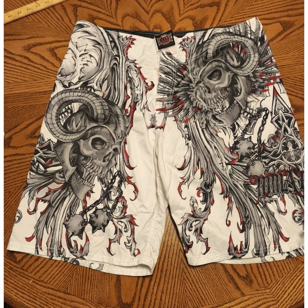 Mens Y2K MMA Elite All Over Print Skull Grunge‎ Punk Lightweight Shorts Size XL